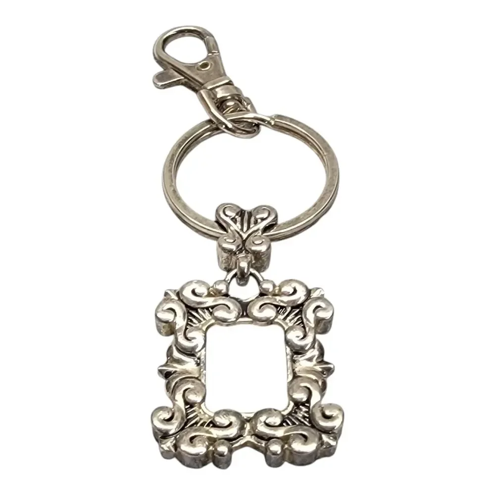 Vintage Ornate Mini Picture Frame Keychain Silver Tone Baroque Charm Key Ring